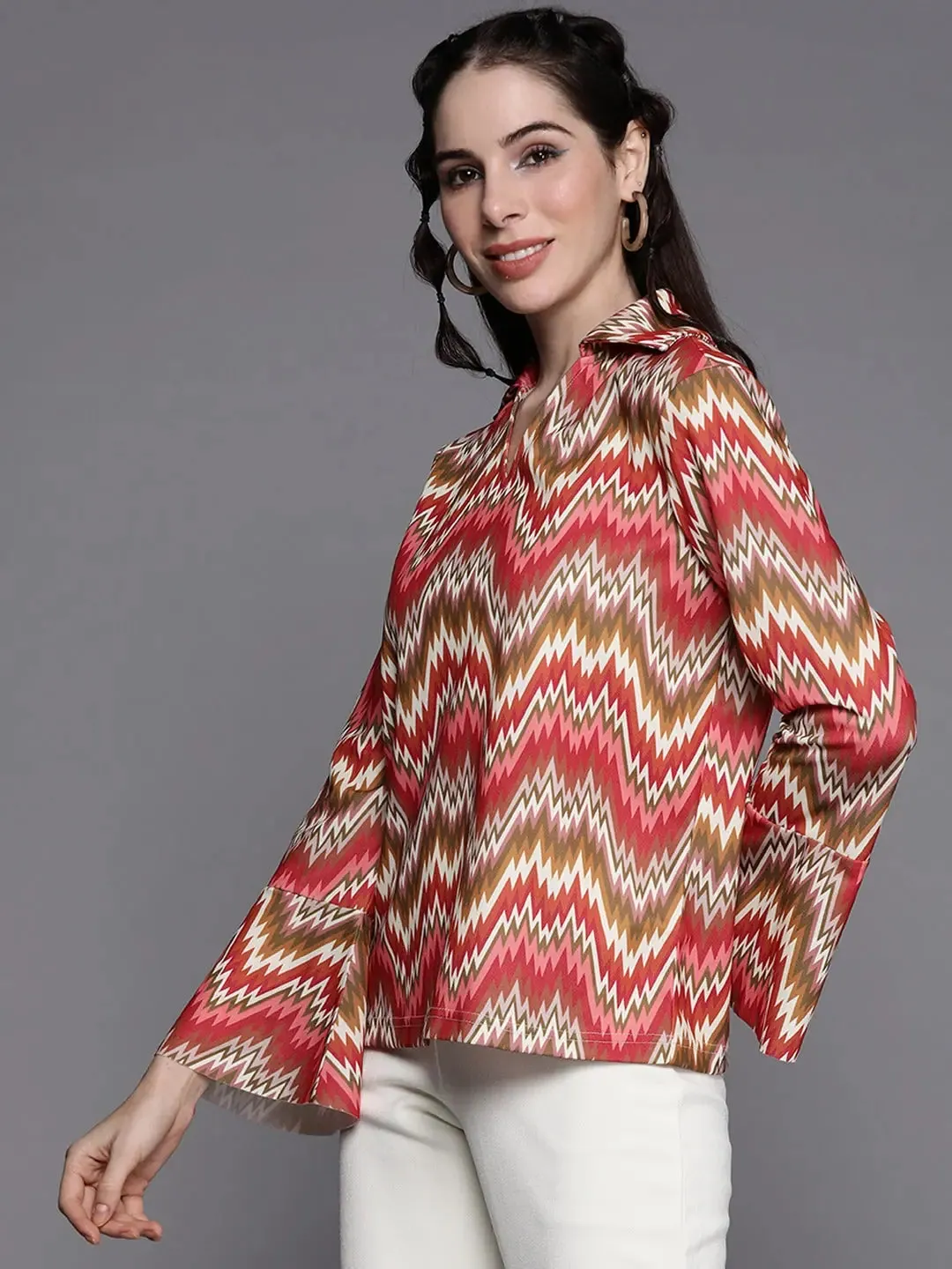 Women Rust Chevron Bell Sleeves Collar Top