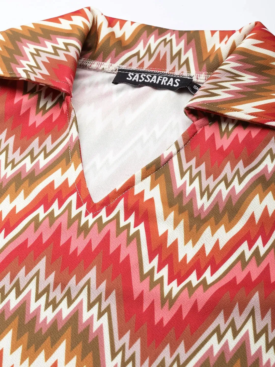 Women Rust Chevron Bell Sleeves Collar Top