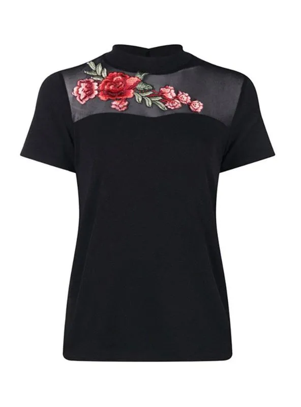 WOMEN T-SHIRT LACE PATCHWORK SHORT SLEEVE