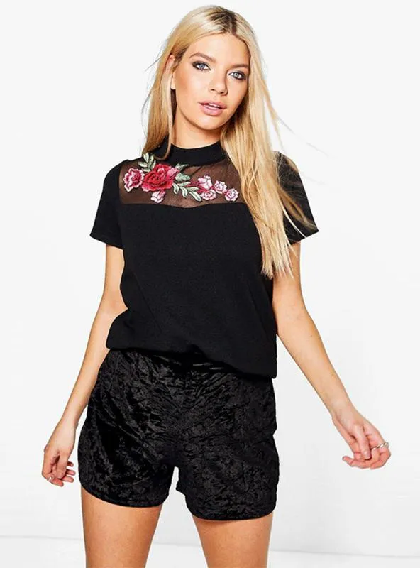 WOMEN T-SHIRT LACE PATCHWORK SHORT SLEEVE