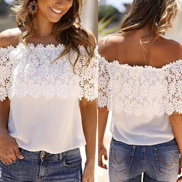 Women Tops Casual Off Shoulder Blouse Chiffon Lace Floral Blouse Solid Shirts