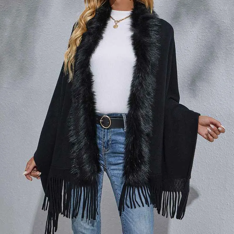 Women V Cut Reversible Tassel Knitted Large Poncho Capes Wrap Shawl K292
