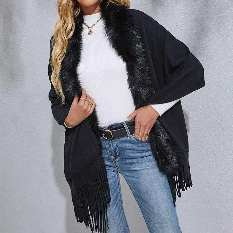 Women V Cut Reversible Tassel Knitted Large Poncho Capes Wrap Shawl K292