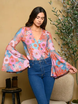 WOMEN'S BELL SLEEVE FLORAL KNIT BODYSUIT