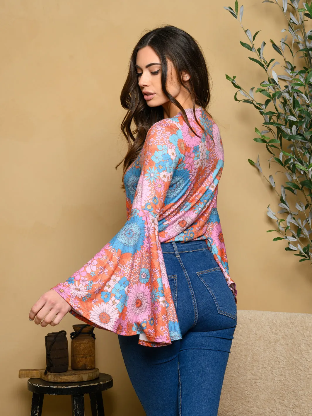 WOMEN'S BELL SLEEVE FLORAL KNIT BODYSUIT