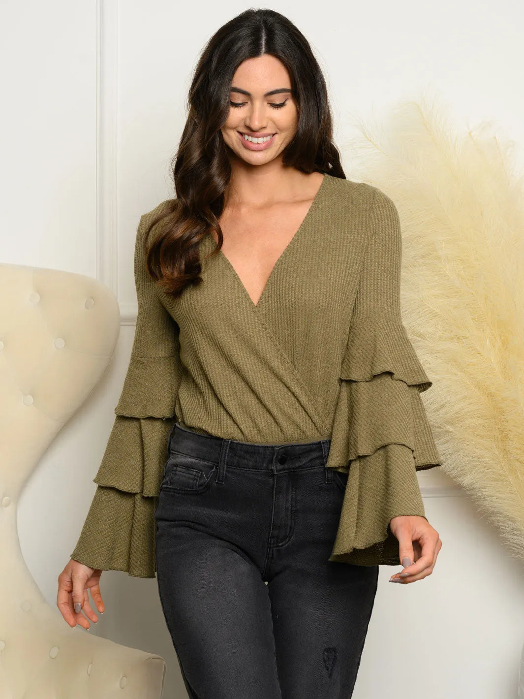 WOMEN'S BELL SLEEVE WAFFLE KNIT BODYSUIT