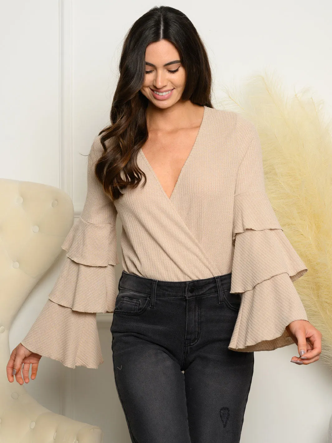 WOMEN'S BELL SLEEVE WAFFLE KNIT BODYSUIT