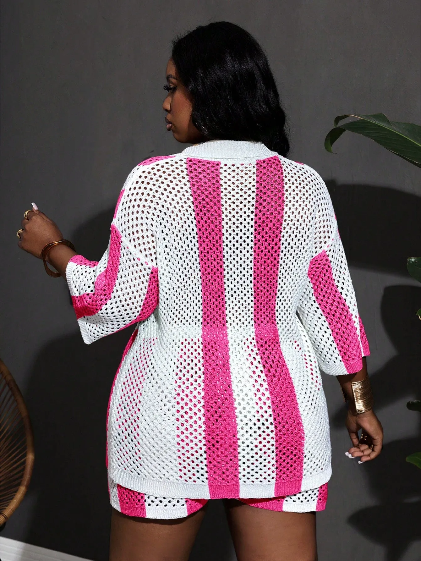 Women's Casual Simple Summer Striped Knitted Shirt and Shorts Set - Plus Size