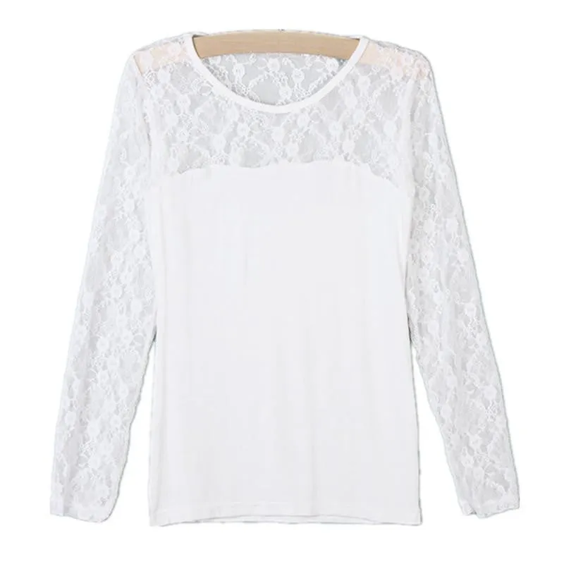 Womens Fashion Slim Shirt Tops Lace Long Sleeve O-Neck Leisure Blouse Black/White S-2XL