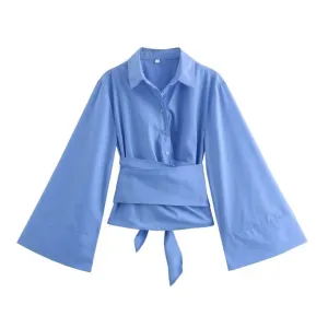 Women's Kimono Wrap Collar Bow Belt Blouse | Bell Sleeves