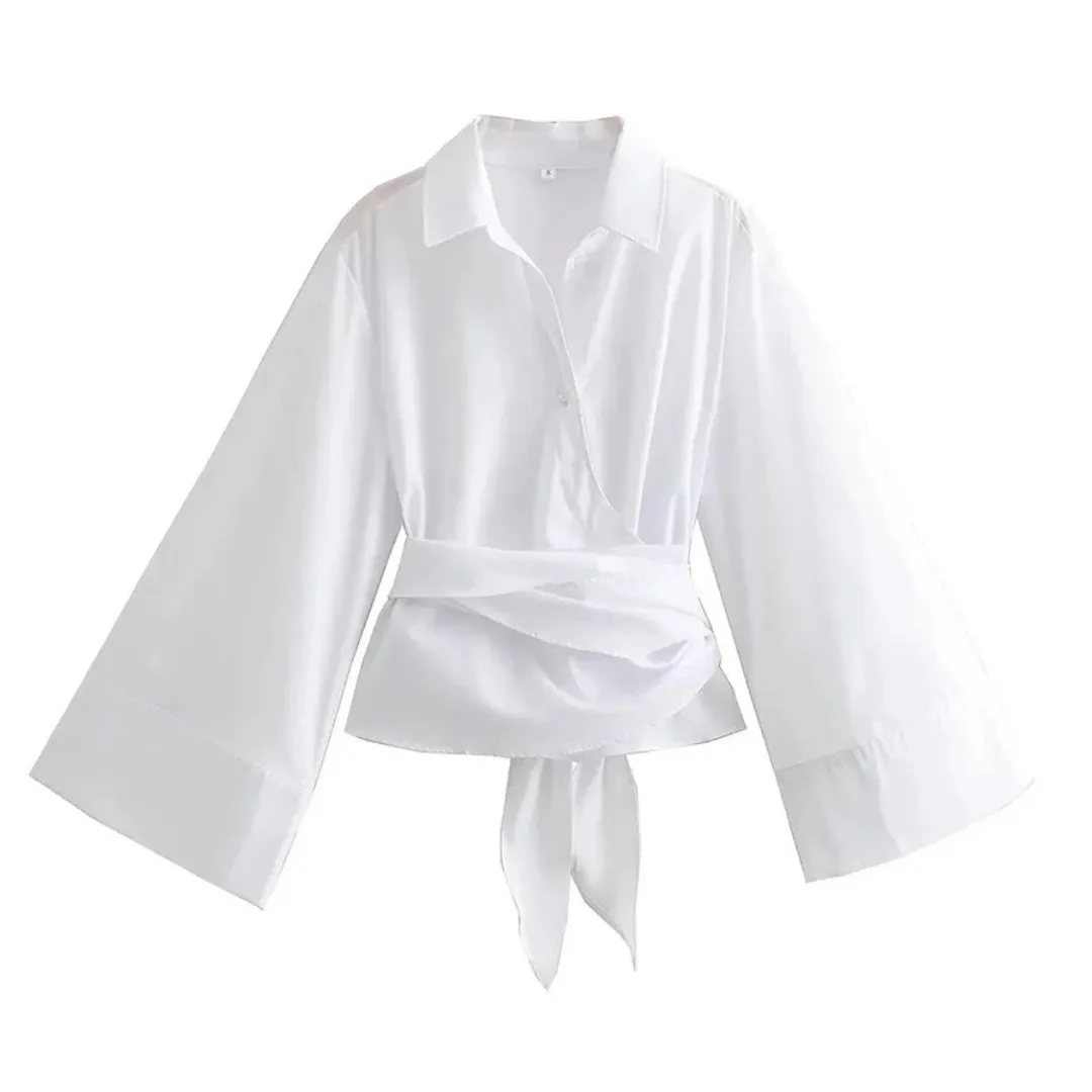 Women's Kimono Wrap Collar Bow Belt Blouse | Bell Sleeves