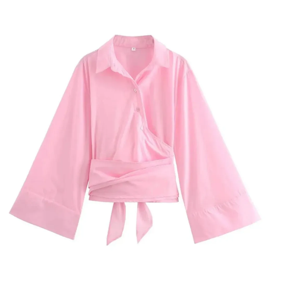 Women's Kimono Wrap Collar Bow Belt Blouse | Bell Sleeves