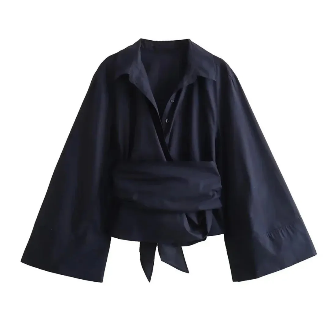 Women's Kimono Wrap Collar Bow Belt Blouse | Bell Sleeves
