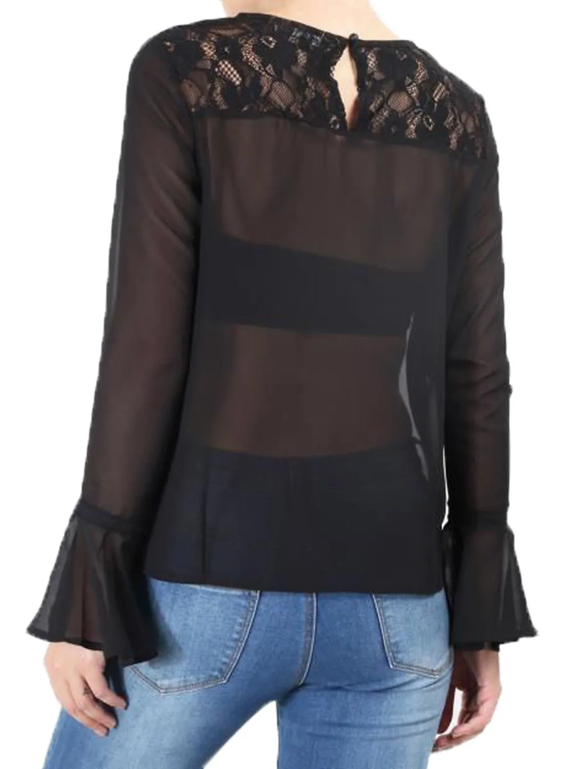 Womens Lace Panel Bell Sleeve Top - S/M