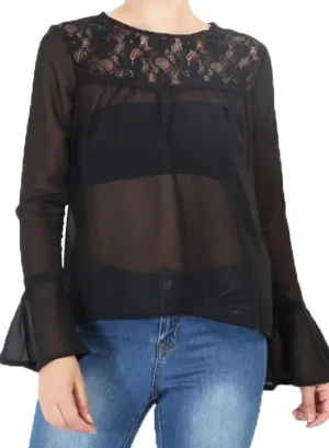 Womens Lace Panel Bell Sleeve Top - S/M