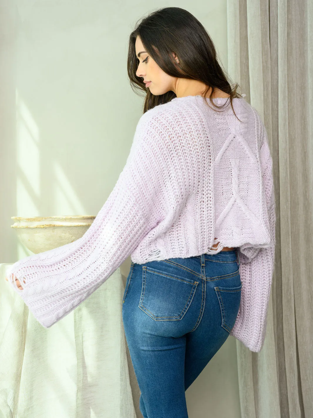 WOMEN'S LONG BELL SLEEVE DISTRESS SWEATER
