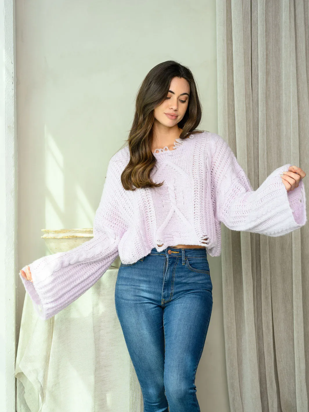 WOMEN'S LONG BELL SLEEVE DISTRESS SWEATER