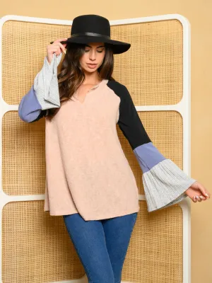 WOMEN'S LONG BELL SLEEVE V-NECK COLOR BLOCK TOP