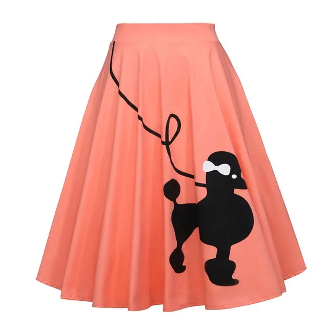 Womens Retro Rockabilly Pin Up Style Poodle Dog Print Skirts