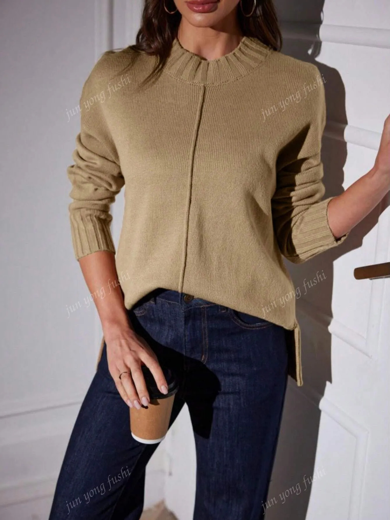 Women's Round Neck Solid Color Casual Pullover Knit Sweater, Long Sleeve, Loose Fitting