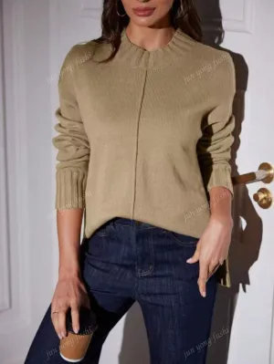 Women's Round Neck Solid Color Casual Pullover Knit Sweater, Long Sleeve, Loose Fitting