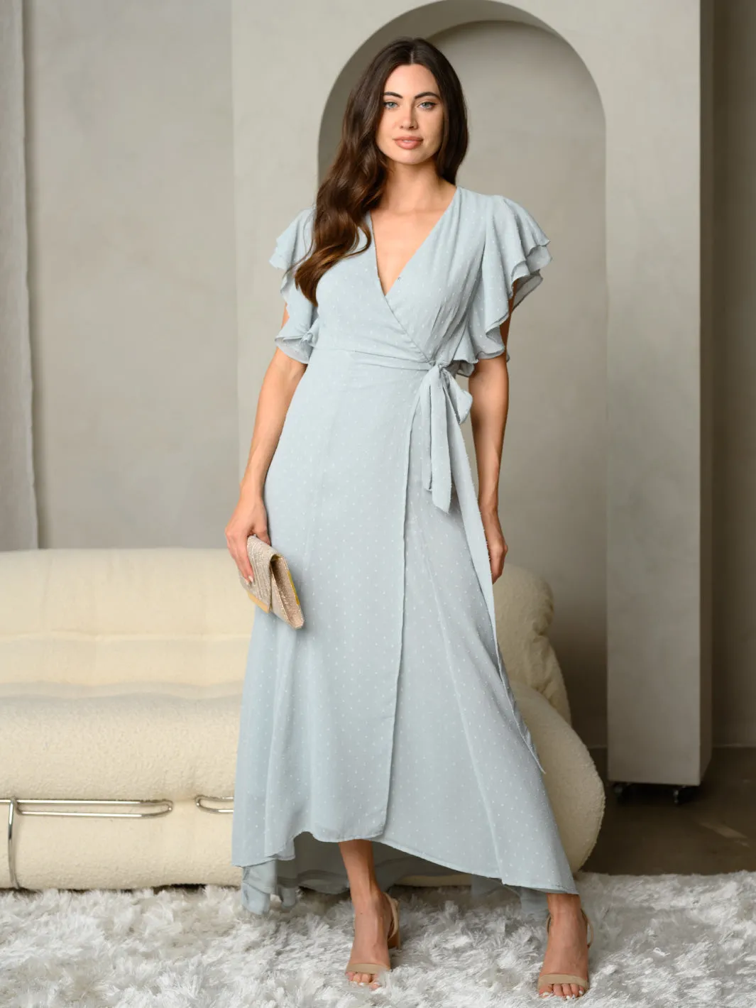 WOMEN'S SWISS DOT SURPLICE V-NECK RUFFLE SLEEVE MAXI DRESS