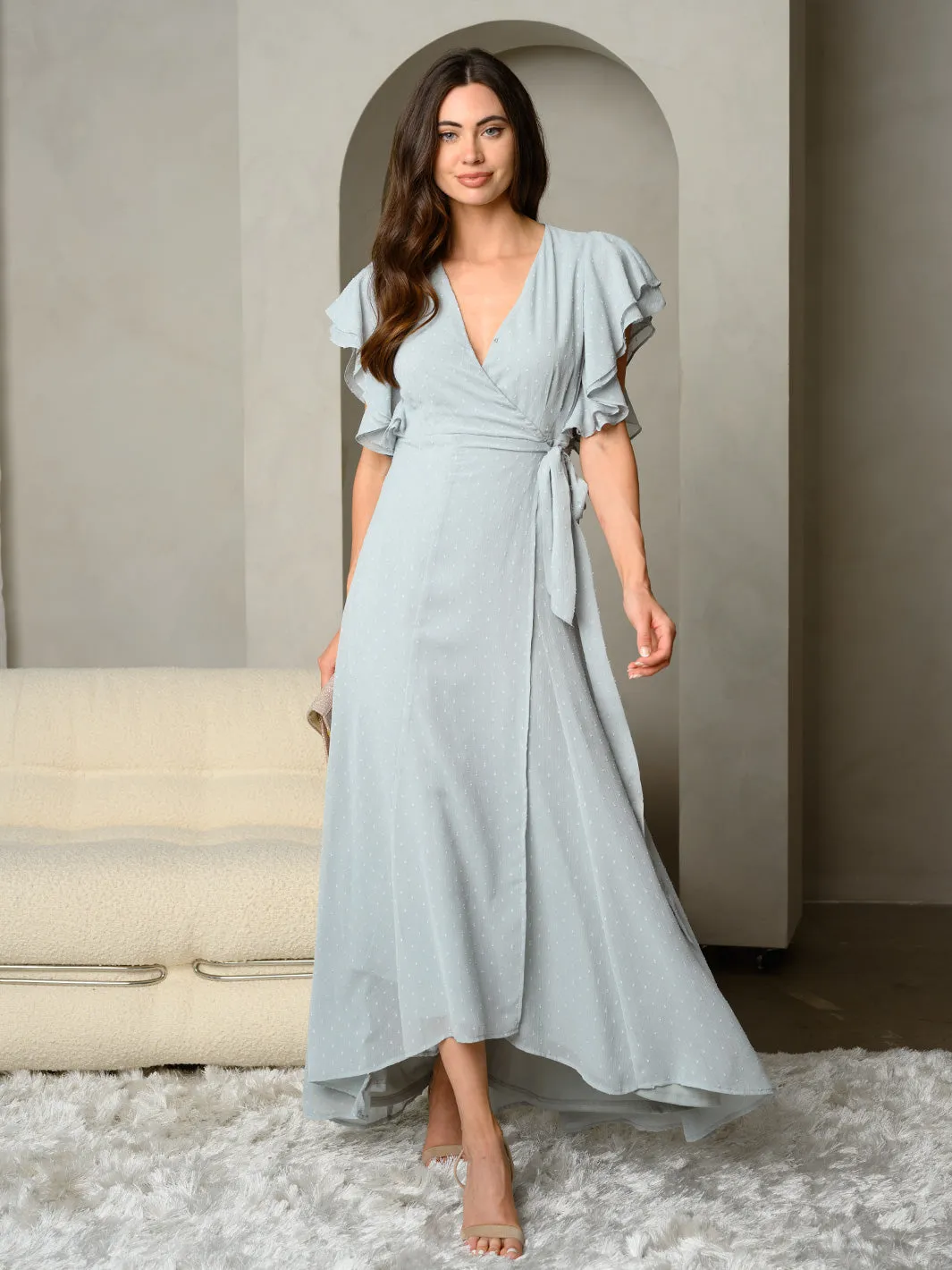WOMEN'S SWISS DOT SURPLICE V-NECK RUFFLE SLEEVE MAXI DRESS