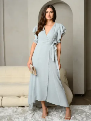 WOMEN'S SWISS DOT SURPLICE V-NECK RUFFLE SLEEVE MAXI DRESS