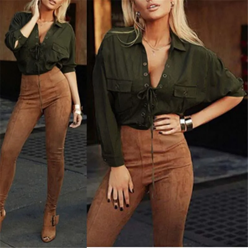 Womens Turn Down Collar Hollow Front Lace Up Long Sleeve Blouse White Chiffon Tops Shirt Casual