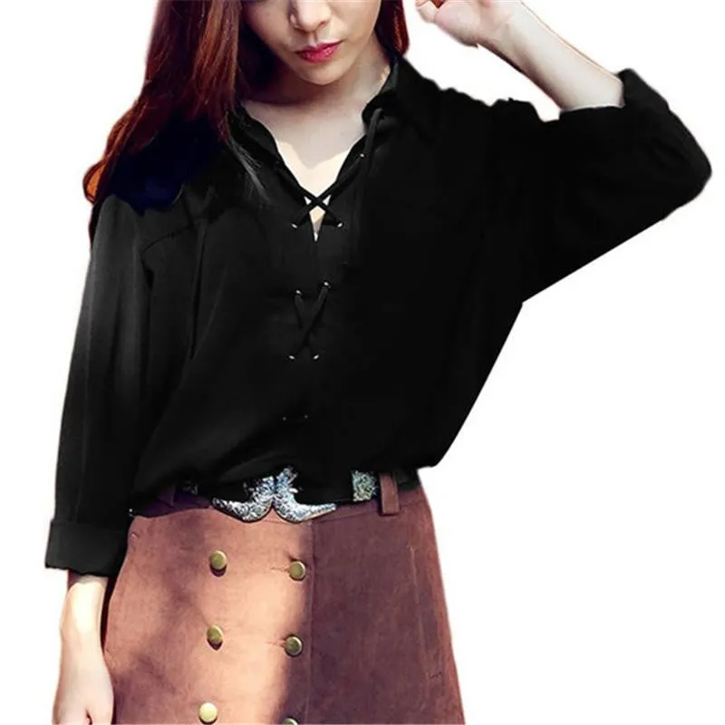 Womens Turn Down Collar Hollow Front Lace Up Long Sleeve Blouse White Chiffon Tops Shirt Casual