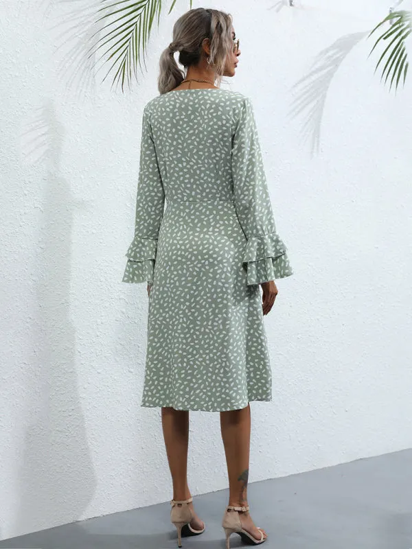 Wrap Polka Dot Dress with Bell Sleeves and Front Slit