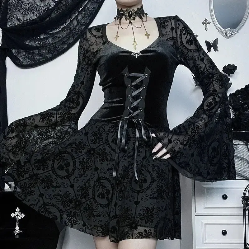Y2K Floral Velvet Dress with Flare Sleeves and Lace-up Detail