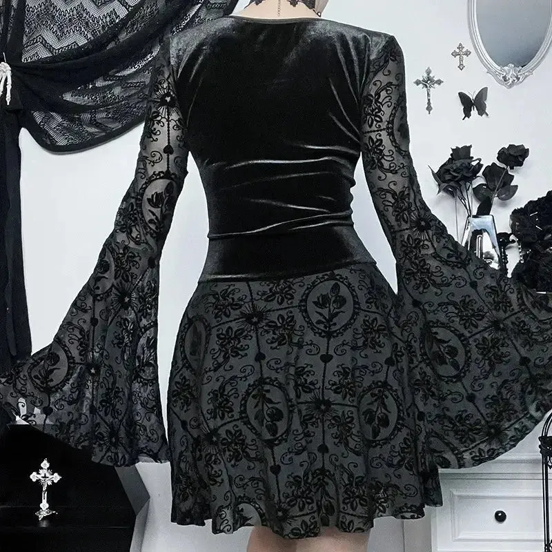 Y2K Floral Velvet Dress with Flare Sleeves and Lace-up Detail