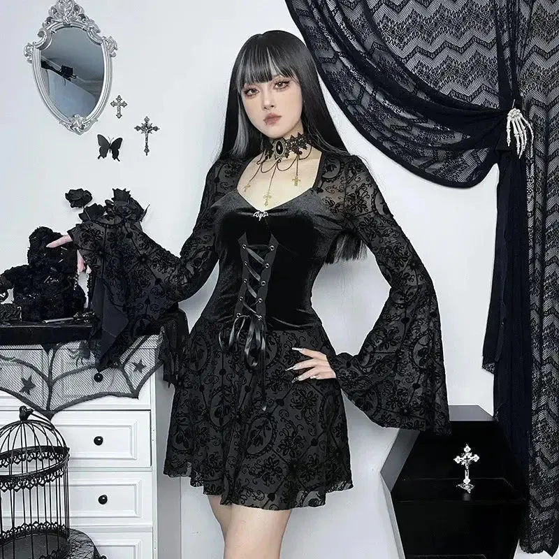 Y2K Floral Velvet Dress with Flare Sleeves and Lace-up Detail