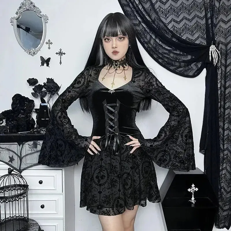 Y2K Floral Velvet Dress with Flare Sleeves and Lace-up Detail