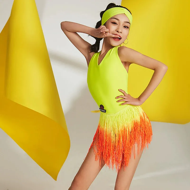 Yellow colorful tassels competition Latin dance dresses for girls kids solo samba chacha rumba salsa dance skirts for Children