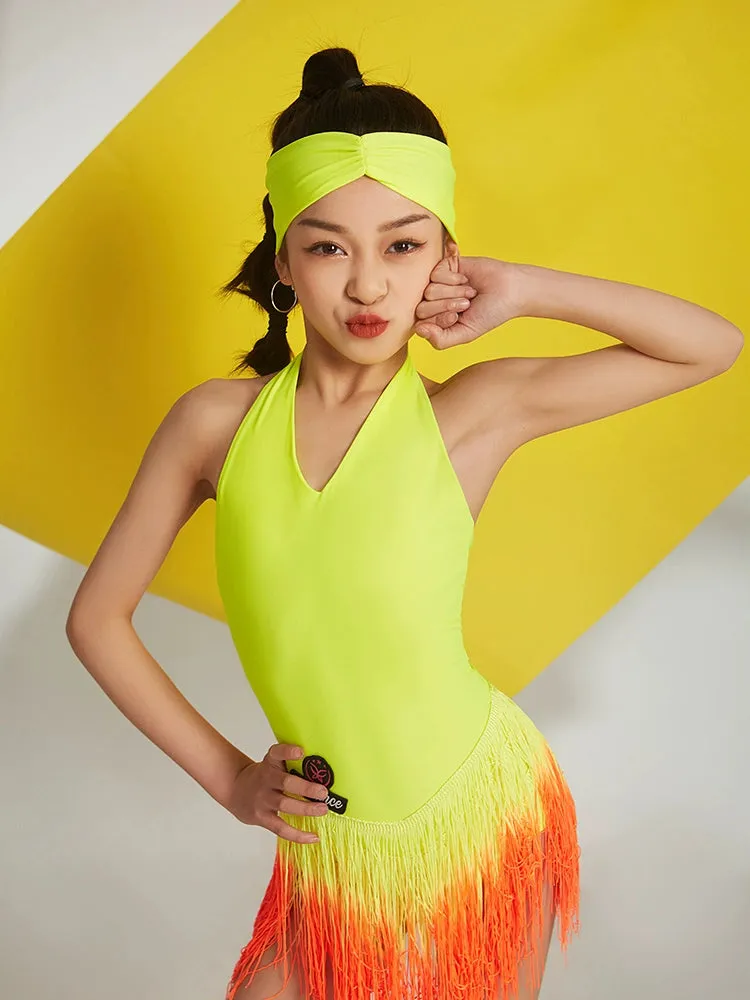 Yellow colorful tassels competition Latin dance dresses for girls kids solo samba chacha rumba salsa dance skirts for Children