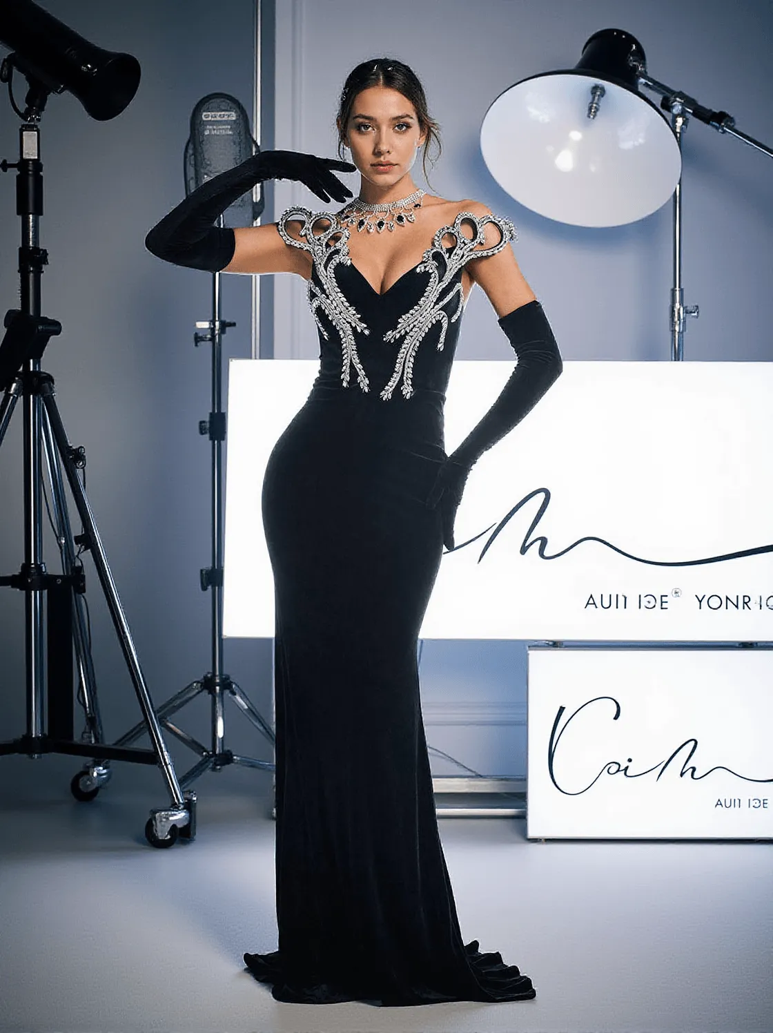 Zamir Strapless Crystal Velvet Mermaid Dress With Gloves