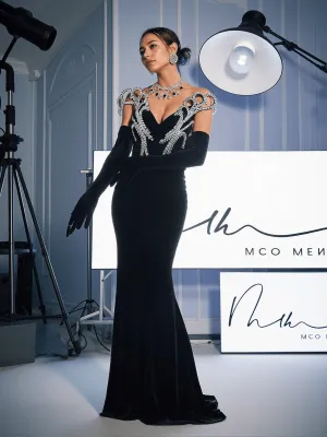 Zamir Strapless Crystal Velvet Mermaid Dress With Gloves