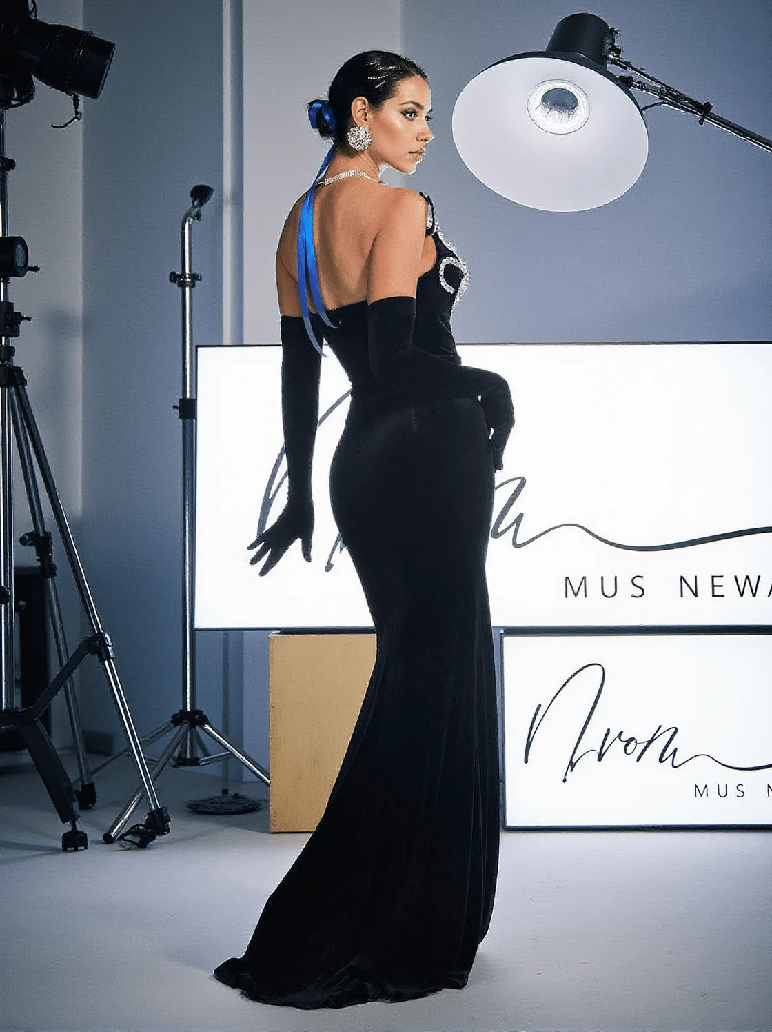 Zamir Strapless Crystal Velvet Mermaid Dress With Gloves