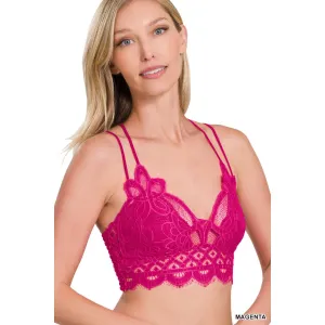 Zenana Magenta Pink Padded Lace Crisscross Strap Bralette LT-6333
